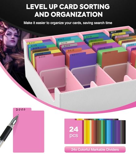 Image of MoKo Trading Card Storage Box, 3000+ MTG Deck Box with 24 Colorful Dividers & 4 Card Supporters, Commander Card Deck Case Fits for Magic Game Cards, YugiOh, TCG, PTG and Sport Cards, White+Pink