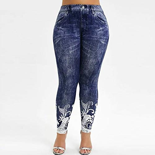 Plus Size Jean Leggings for Women Lace Trim High Waist Fake Denim Print Jeans Butt Lifting Seamless Stretchy Jeggings2