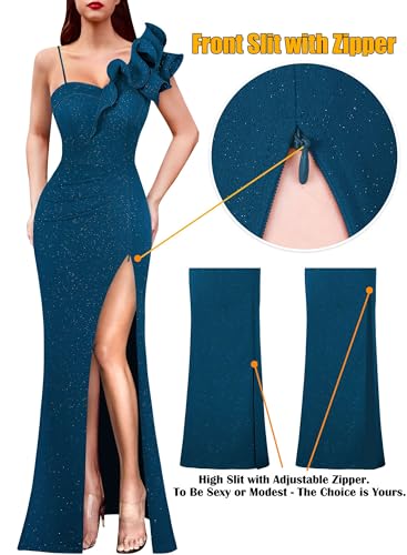 Image of VFSHOW Womens Ruffle One Shoulder Strap Ruched Formal Prom Wedding Maxi Dress V Neck Elegant Split Cocktail Evening Long Gown