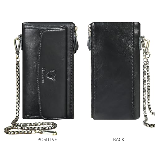 Image of Genuine Crazy Horse Leather Travel Gift Coin Pocket Card Case Long Organizer Chain Rfid Wallet Purse With Snap For Men Male 1803 1815 (6032 The Black)