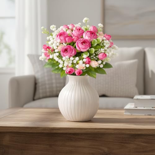 Image of Artificial Flowers Bunch for Home Decor Living Room, Peony Flower with Baby Breath, Decorative Items, Indoor Plants Alternative, Flower Bunch for Vase, 30 cm (Vase Not Included) (Pink Dark)