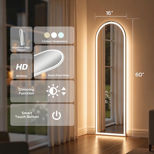 Image of Arched Full Length Mirror with LED Lights, 60 inchx16 inch LED Floor Mirror with Stand, Body Floor Mirrors with Dimming & 3 Color Lighting, Wall Mounted LED Mirrors for Bedroom, Dressing Room, Cloakroom