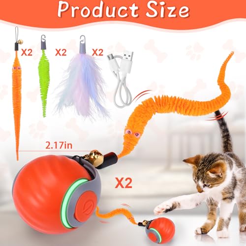 Image of BABORUI 2Pack Orange Interactive Cat Toy Ball - Automatic Interactive Cat Toys for Indoor Cats with 3 Tails, 2 Speeds Rechargeable Enrichment for Small /Medium /Large to Keep Them Busy