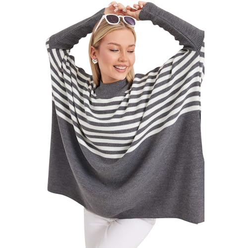 Image of Women's Crew Neck Batwing Sleeve Split Hem Oversized Knit Poncho Sweater