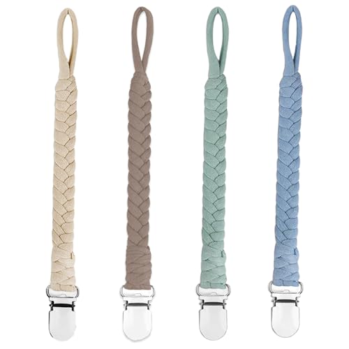 Image of duludulu 4 Pcs Pacifier Clip, Pacifier Clips for Boys & Baby Girls Pacifier Holder Clip Binky Clips Braided 100% Handmade Fits All Pacifiers(Blue, 4 Pack)