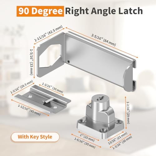 Image of 3.3 inch Keyed Sliding Barn Door Lock, 90 Corner Latch (Silver-1 Pc)