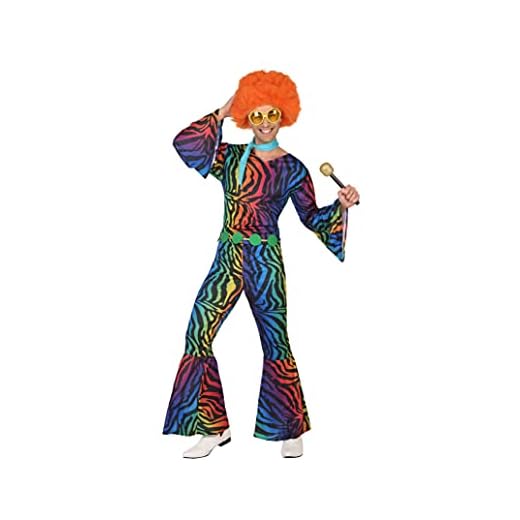Atosa | Disfraz Disco Hombre | Traje a Rayas Zebra Multicolor | Diseño Fiesta para Adultos | Incluye Mono, Cinturón y Pañuelo | Ideal para Carnaval, Fiestas | ABBA y Fiebre Sábado Noche | Talla M-L