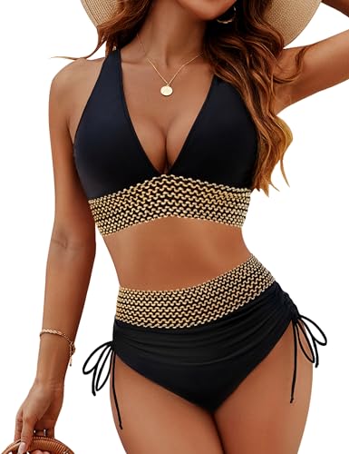 Image of Blooming Jelly Women High Waisted Bikini Sets Tummy Control Swimsuits Color Block Two Piece Drawstring Bathing Suit
