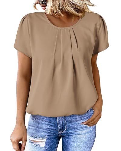 PRETTYGARDEN Women's Tops 2026 Casual Summer Round Neck Short Sleeve Basic Pleated Loose Fit Blouses Plain Tunic Shirts(Khaki,Large) — view 2