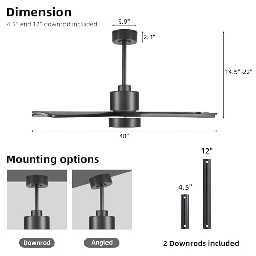 Image of WINGBO 48 Inch DC Ceiling Fan with Lights and Remote Control, 5 Carved Solid Wood Blades, 6-Speed Noiseless Reversible DC Motor, Indoor Ceiling Fan in Matte Black Finish with Black Blades