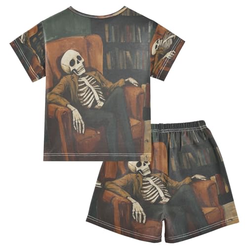 ALAZA Sugar Skull Bookworm Book Pajamas Set Short Sleeve Cotton Sleepwear Summer Pjs 2 Piece 5-14Y2