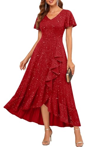 Women Christmas Dress Red Holiday Evening Party Formal Cocktail Sequin Flutter Sleeve High Low Elegant Long Dresses
