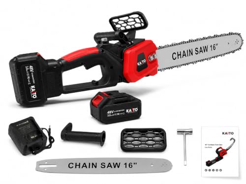 Image of KAITO 16-Inch Cordless Brushless Chainsaw | 48 V | 1300 W | 15000 RPM | 2 x 3.0 Ah Batteries | for Tree Cutting & Gardening