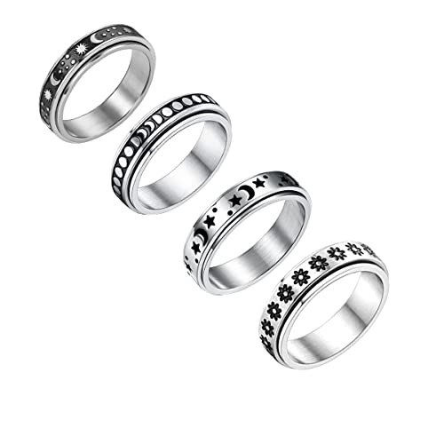 yfstyle 4Pcs Titanium Stainless Steel Spinner Rings Fidget Band Rings for Women Moon Star Flower Stress Rings Anxiety for Rings Cool Spinner Rings for Men Wedding Promise Rings Set Size6-11-7