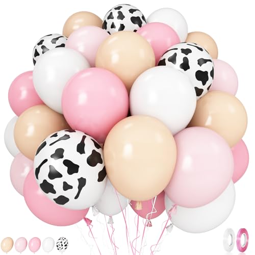 Image of Cow Print Balloons, 60PCS Pastel Pink Cow Print Latex Balloons, Pink Cream Beige White Balloons for Girls Birthday Baby Shower Cowgirl Rodeo Farm Animals Gender Reveal Party Decorations Supplies