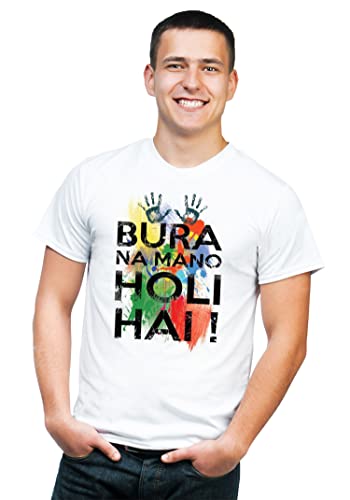 Image of Knitted Polycotton Fabric Regular Fit Men Boys Half Sleeve T-Shirt for Festival of Holi Style 1 White Size : Free