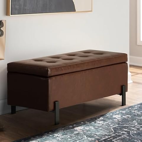 Comfy to go Storage Bench Ottoman, Upholstered Tufted Storage Ottoman with Meatl Legs, End of Bed Padded Entayway Bench for Living Room, Bedroom, Hallway-40 L x 15.7" W x 17.3" H (Brown-Leather) Cover