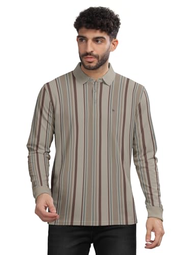 Image of BULLMER Striped Textured Printed Polo Neck Fullsleeve T-Shirt with Rib for Men