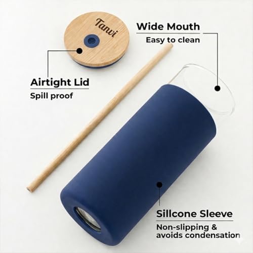 Image of Giftana Personalized Borosilicate Glass Water Bottle 500ml with Glass Sipper Tumbler 450ml, Reusable Leakproof Drinking Bottle with Silicone Sleeve, Eco-Friendly Bottle for Office Gym Travel (Blue)
