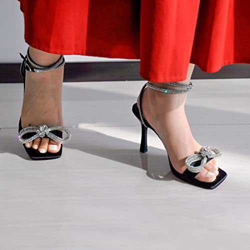 Rhinestone Square Open Toe Heel Comfy Mid Heel Bow knot Sandals for Women Ankle Strap tie Open Toe Slingbacks Sexy Dress Strappy Heel Black Size 8 | Image 1