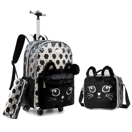 CUTBLAJAT Mochilas de Rodinhas Infantis - Conjunto com Lancheira e Estojo - Estampa de Gatinho de Pelúcia