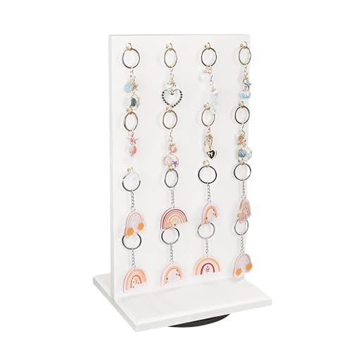 Ikee Design Wooden Rotating Two-Sided Jewelry Display Stand, Rotating Organizer with 32 Hooks for Store, Earring Keychain Display with Hooks, Wash White Color, 9 W x 7.5 D x 16.5 H in