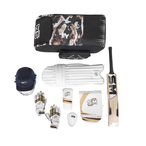 Image of SM Legend Complete Cricket Kit for Men | Cricket Set | 8-Piece: Kashmir Willow Bat + Premium Cloth Helmet + Calf Skin Gloves + Thigh + Arm + Abdominal Guard | Top-of-Range Club Kit | Size SH