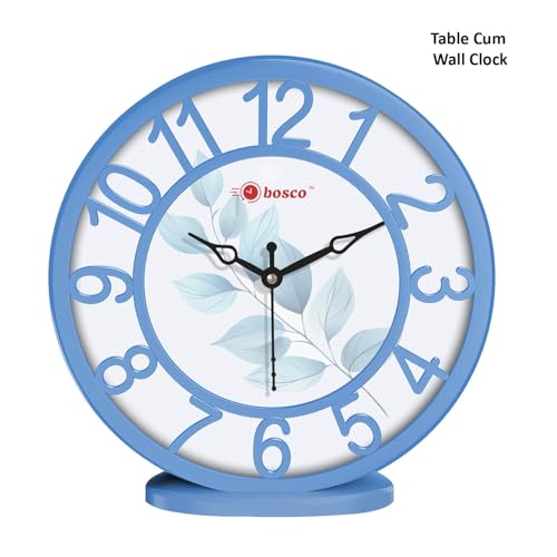 Image of Bosco Analog Non Ticking Silent, Soft Blue Border with Leaf Print, 20 CM Table Cum Round Wall Clock, for Home, Living Room, Bed Room, Office and Kitchen | BWC-1209