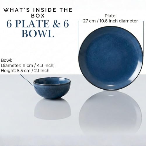 Image of Premium Reactive Glaze Dinner Set, 12 Piece, 6 Dinner Plates and 6 Serving Bowls, Stoneware, Midnight Blue, Round, Speckled Finish