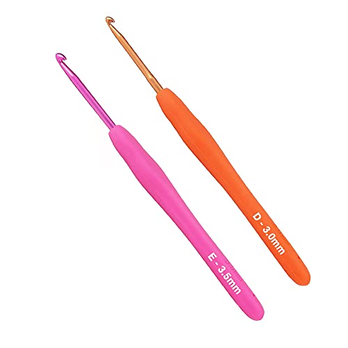3.0mm and 3.5mm Crochet Hook，2pack Size Crochet Hook Aluminum Soft Grip Rubber Handle Needles,Ergonomic Handle Crochet Hooks Set, Crochet Needle for Beginners and Experienced Crochet Hooks Lovers
