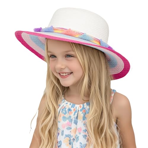 PinkSheep Girls Sun Hat,Cute Summer Straw Beach Hat for Toddler Kids with Wide Rainbow Brim & Tassels - UPF 50+ 5