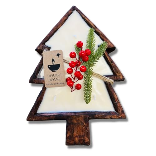 Dough Bowl Candle Co. Christmas Tree Shaped Candle - 14x10x1.5 3 Wick Brown Large Wooden Bowls for Decor, Mistletoe, Pine, Fir, Cedarwood Scented Decorative Wood Bread Bowl, Rustic Vegan Holiday Gift