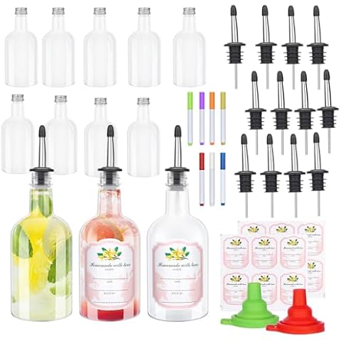 Dualshine 24 Sets Plastic Long Neck Bottles 16 oz Syrup Bottles with Liquor Pour Spout and Caps Juice Pour Bottles with Stainless Steel Bottle Pourer for Liquor Juice Store Syrup Bottles Pourers Cover