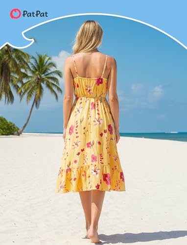 Image of PATPAT Couples Matching Outfits Hawaiian Women Dresses & Men Shirts | Matching Cruise Outfits for Couples, Beach Vacation Outfits, Spaghetti Strap Midi Sundress, Men Boho Tropical Print Shirt