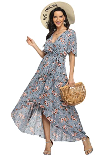 Image of VintageClothing Women's Wrap V Neck Floral Summer Dresses High Low Maxi Casual