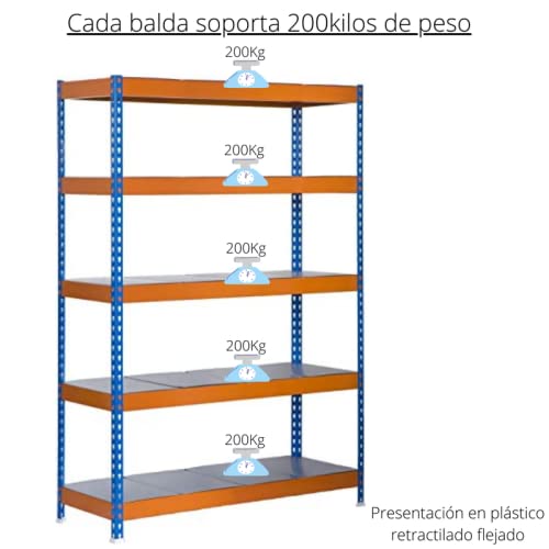 Estantería Modular metálica Reforzada, para Uso Particular y Profesional, 5 Baldas Capacidad de Carga máxima 1000kg. 177cm x 99cm x 45cm. Ideal para garajes, talleres y almacenes.