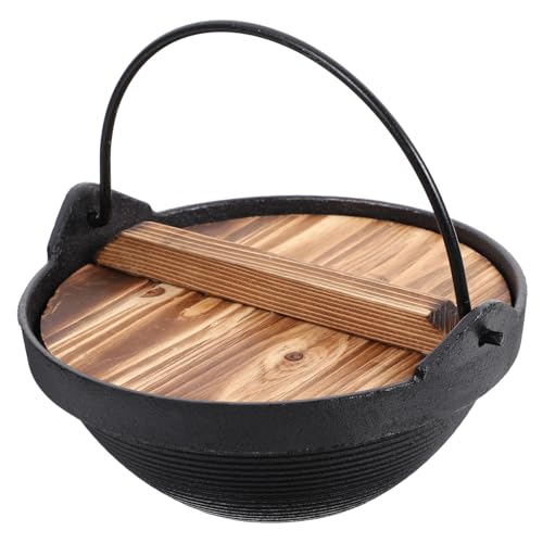 CORHAD 日式鋳鉄すき焼き鍋 蓋付き厚手木製カバー 保温耐熱調理器具 軽量携帯可能 アウトドアキャンプ用スープ鍋 一人用煮込み料理対応