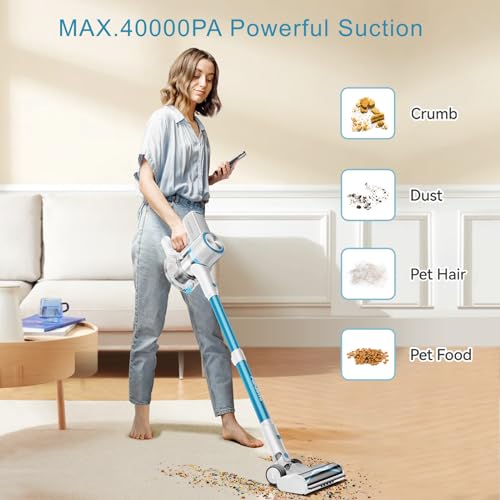 FABULETTA Cordless Vacuum Cleaner for Home, 40Kpa Stick Vacuum with MAX 55Min Detachable Batteries, 8 in 1 Lightweight Vacuum with Brushless Motor for Hardwood Floors&Carpet Pet Hair Car