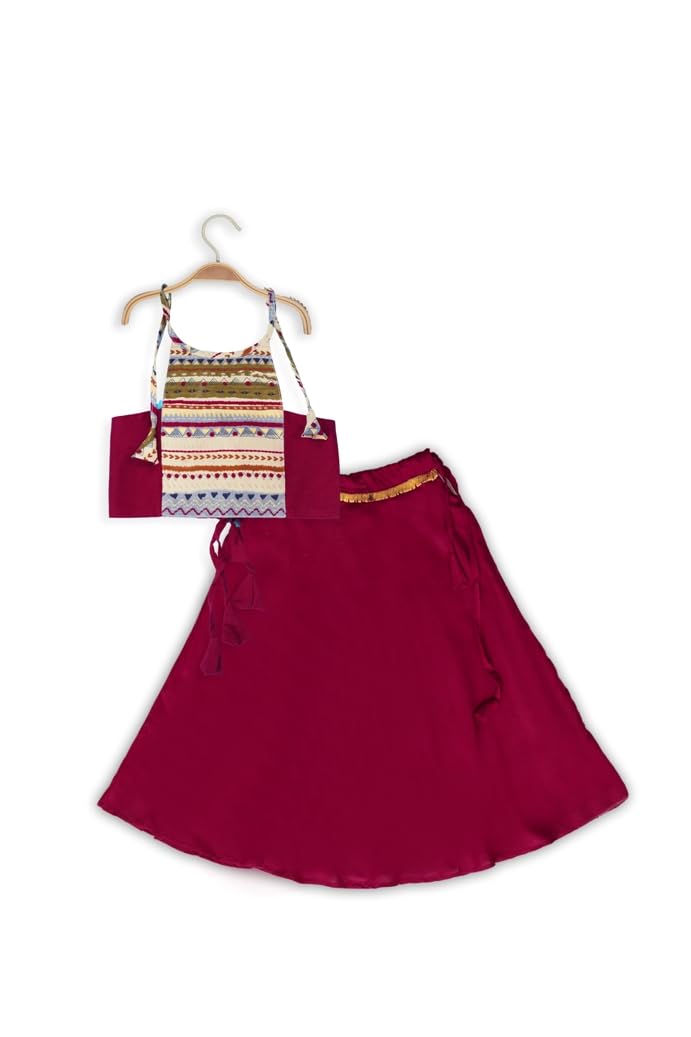 ANNECAbaby girls Halter Neck foil printed crop top and full flyar/full length skirt with less girls clothing set