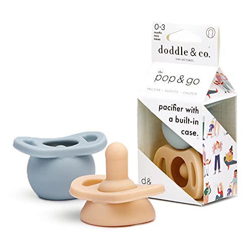 Image of Doodle & Co. Pop & Go Pacifier for New Born Babies with Built-in Case | Pinch to Close Version | 100% Silicone for Infants | Helps Promote Oral Development | Plastic Free