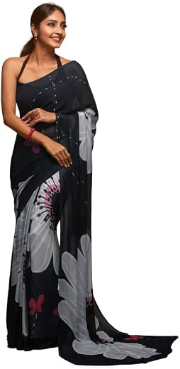 IZU Noir Blooms Satin Printed Saree for Women | Black Floral Design Saree with Smooth Satin Fabric and Elegant Drape | Sty...