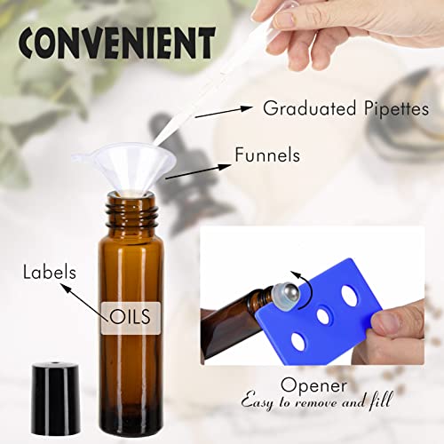 HTHOOOOOME 10ML Roller Bottles for Essential Oils, 12Pack Essential Oil Roller Bottles, Amber Glass Roll-On Bottles with Stainless Steel Roller Balls, 1 Opener, 2 Droppers, 1 Funnel - Thumbnail 4