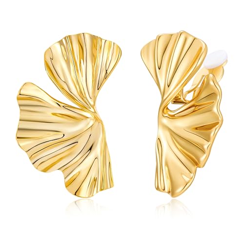 Image of Gold Clip on Earrings for Women Chunky Statement Earrings Vintage Ginkgo Leaf Flower Non Pierced Earrings Fashion 18k Gold Plated Jewelry Gift