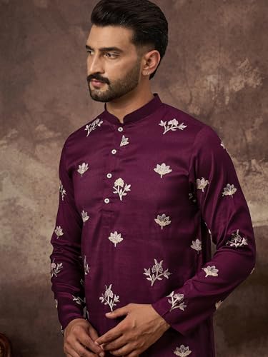 Image of Men's Calf Length Silk Blend Embroidered Solid Kurtas | Men | Kurtas for Mens | Straight Fit Kurta for Men's