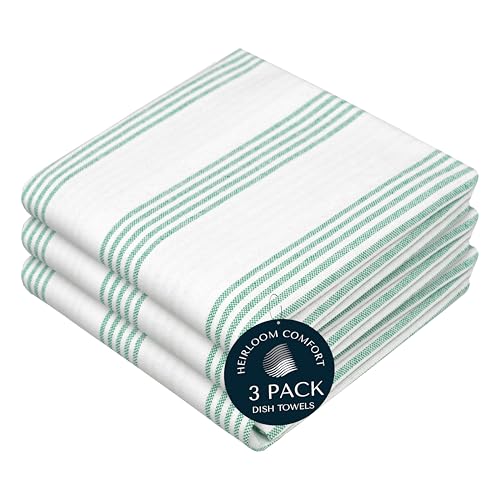 HEIRLOOM COMFORT Sea Green Striped Kitchen Dish Towels (3-Pack), Quick Dry, Ultra Absorbent & Durable, 100% Cotton Multi Pin Stripe Towels for Drying Dishes, Wiping, and Daily Kitchen Cleanup