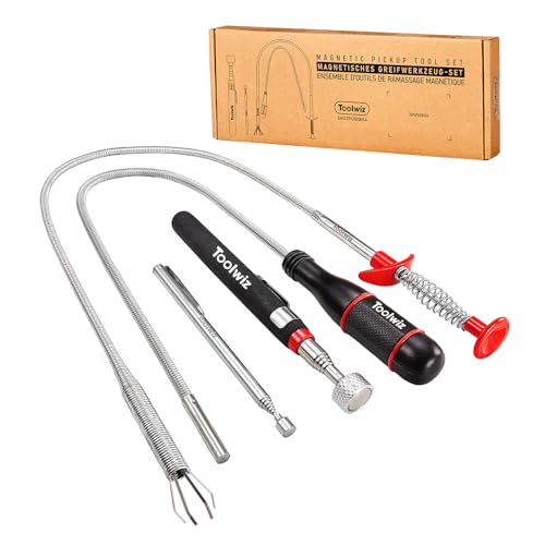 Toolwiz 4-teiliges magnetisches Aufhebewerkzeug-Set – Ausziehbare Greifzange mit flexibler Klaue, 8LB Magnet für schwer erreichbare Gegenstände, biegsamer Feder-Magnetstab, Autoreparatur, Werkstatt