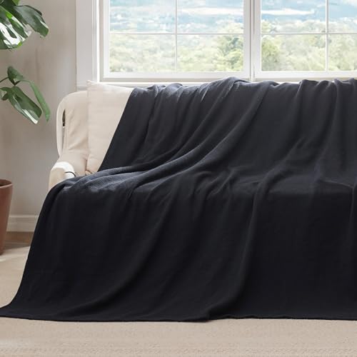 Image of Bedsure 100% Cotton Blanket, Herringbone Weave, Throw XL, Black