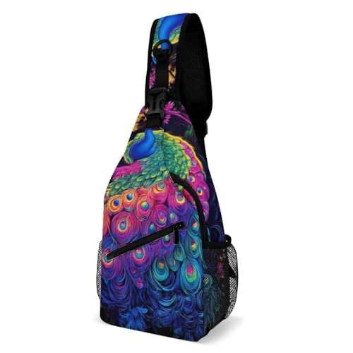 Mochila Cruzada Arte De Flores De Pavo Real Neón Bolsa Cruzada Bandoleras Multiusos Crossbody Hombres Y Mujeres Sling Bag Para Uso Diario Senderismo