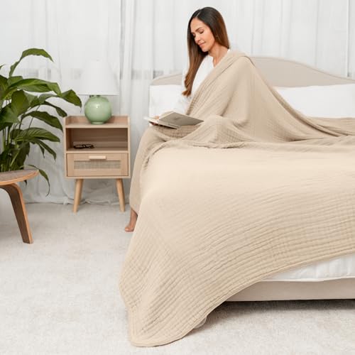 Image of Comfy Cubs Muslin Blanket for Adults Queen 90 inch x 90 inch - 6 Layer Soft, Breathable & Lightweight Muslin Adult Blanket - Machine Washable & Designed in The US Bedding for All Seasons - Sand