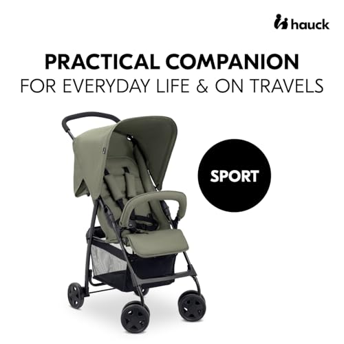 Image of Hauck Sport Baby Stroller - Lightweight Compact Pushchair with Swivel & Lockable Front Wheels, Reclining Seat & Adjustable Footrest, One-Hand Fold, XL Storage Basket, Suitable from Birth to 3 Years (Up to 18 kg), Travel-Friendly, Green